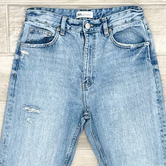 Zara High-Rise Rigid Distressed Denim Mom Jeans Light Wash Denim Women’s Size 6 - Picture 3 of 15
